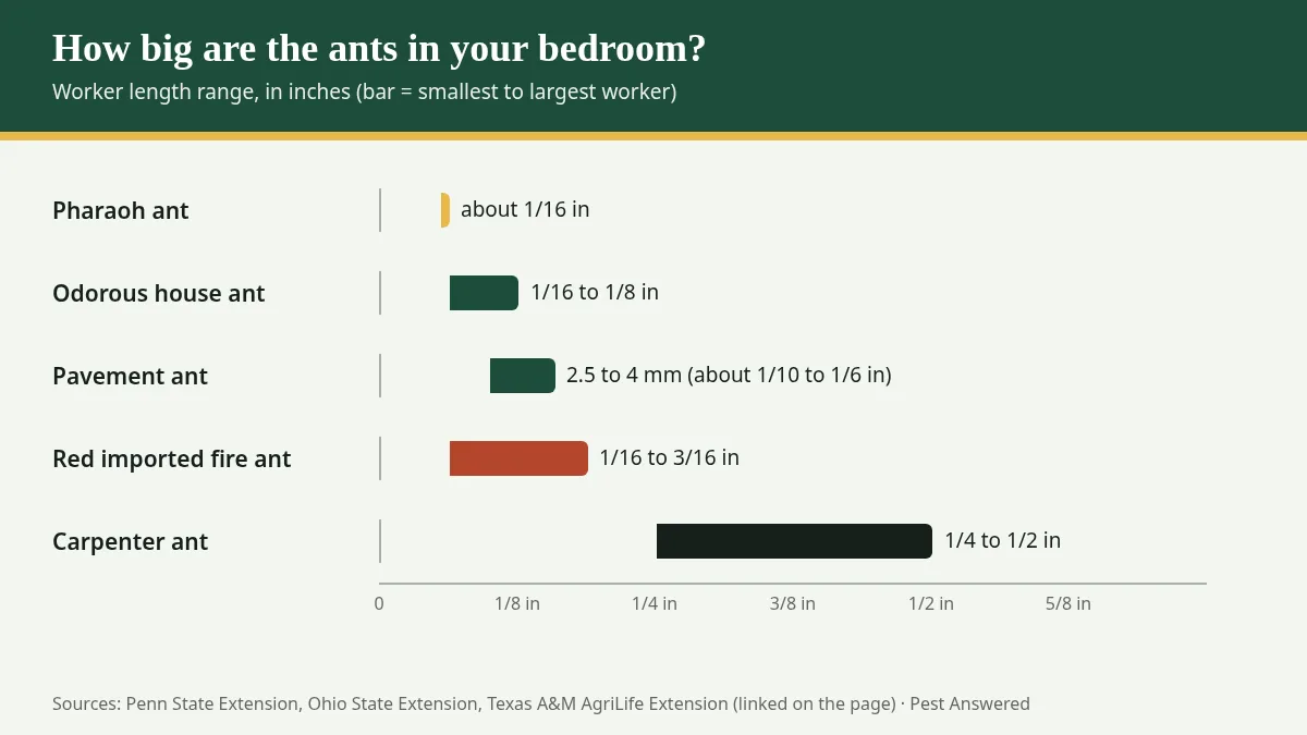 Bar chart comparing worker sizes of Pharaoh, odorous house, pavement, fire and carpenter ants in inches