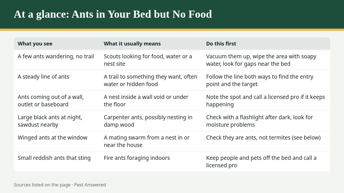 Summary graphic: Ants in Your Bed but No Food? Why They Come and How to Stop Them