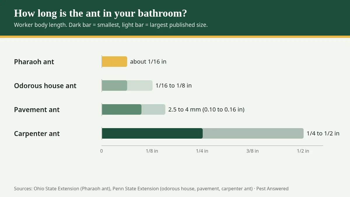 Chart comparing the worker body lengths of four common bathroom ants, from about 1/16 inch for Pharaoh ants to 1/2 inch for carpenter ants