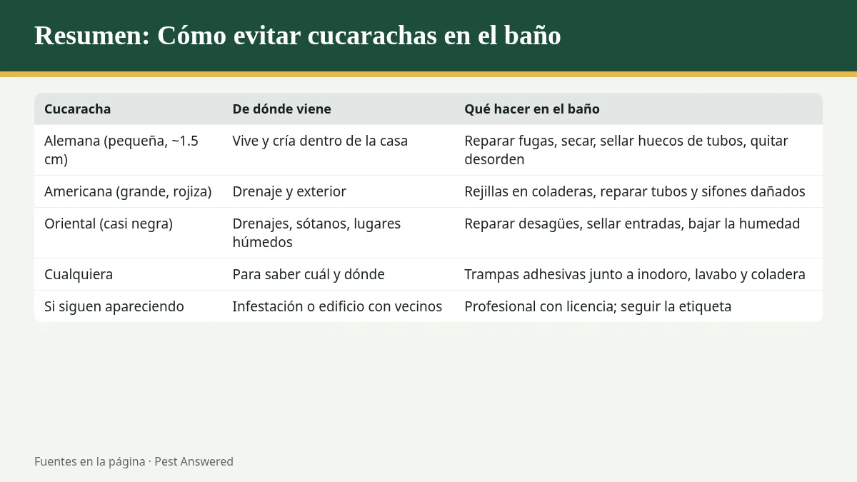Resumen visual: Cómo evitar cucarachas en el baño: qué revisar y qué hacer, paso a paso