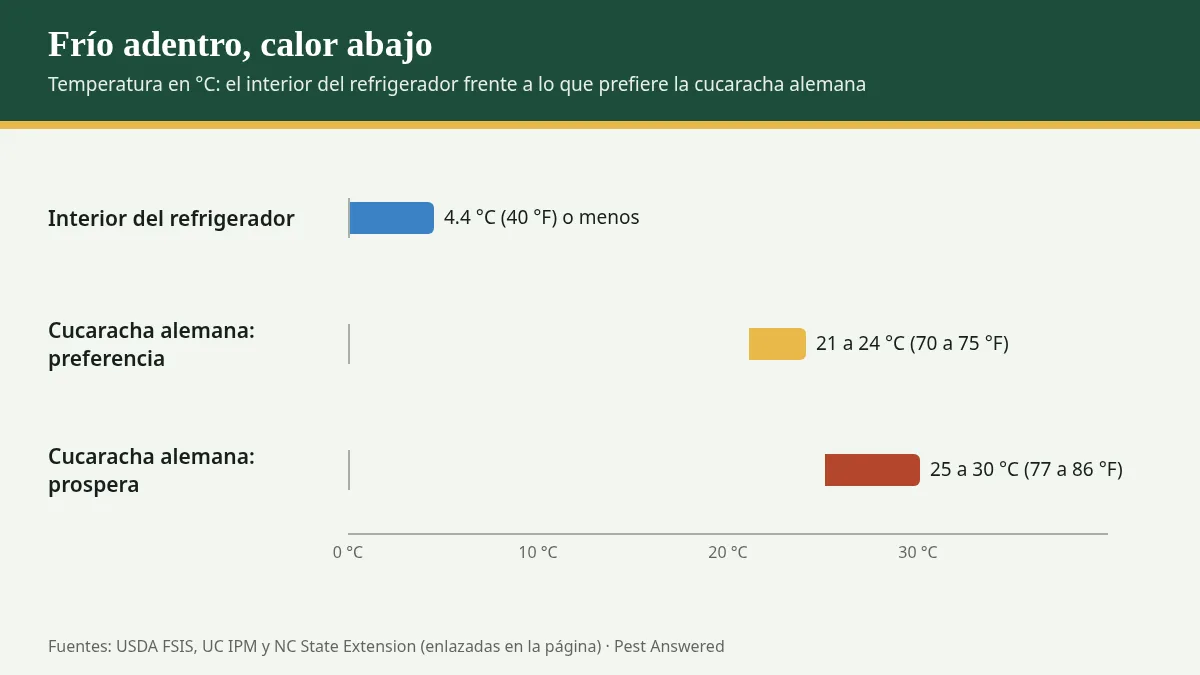 Gráfico de barras: temperatura del interior del refrigerador frente a la temperatura que prefiere la cucaracha alemana