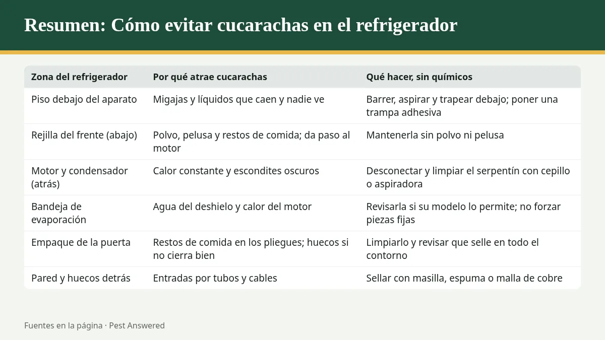 Resumen visual: Cómo evitar cucarachas en el refrigerador: dónde se esconden y qué limpiar