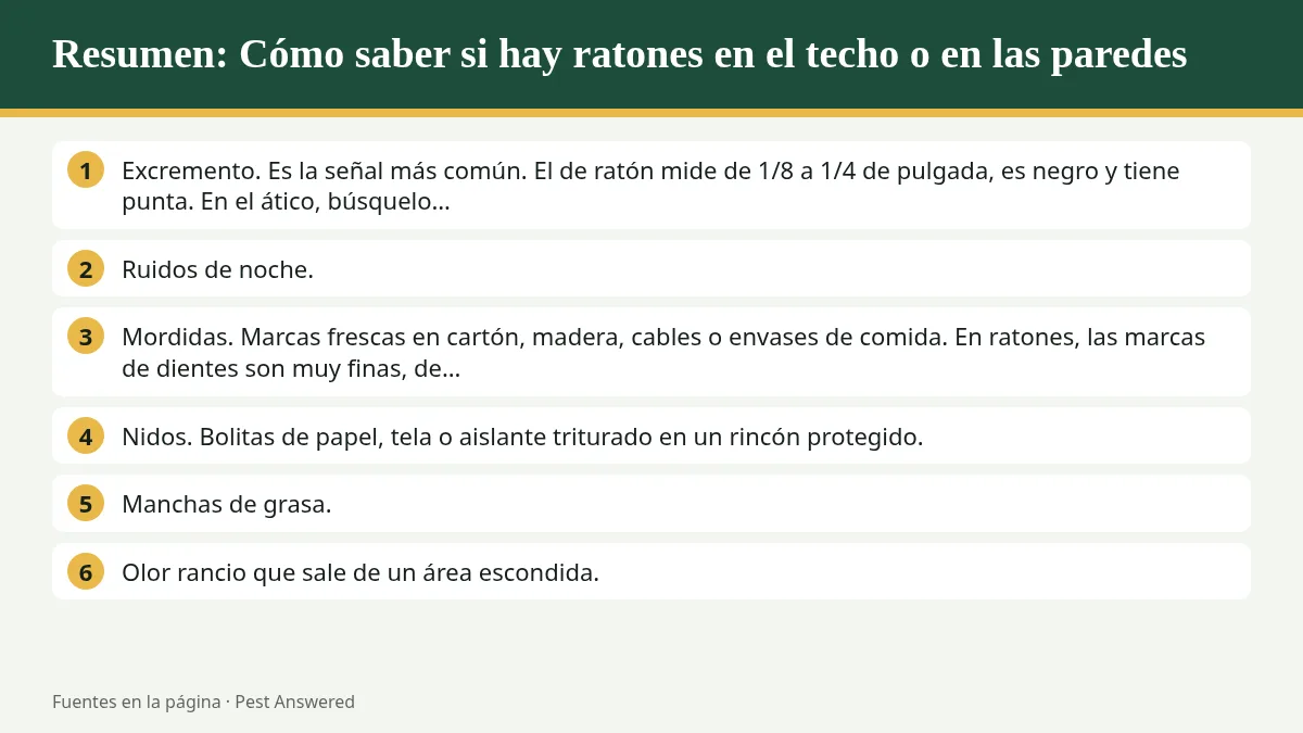 Resumen visual: Cómo saber si hay ratones en el techo o en las paredes