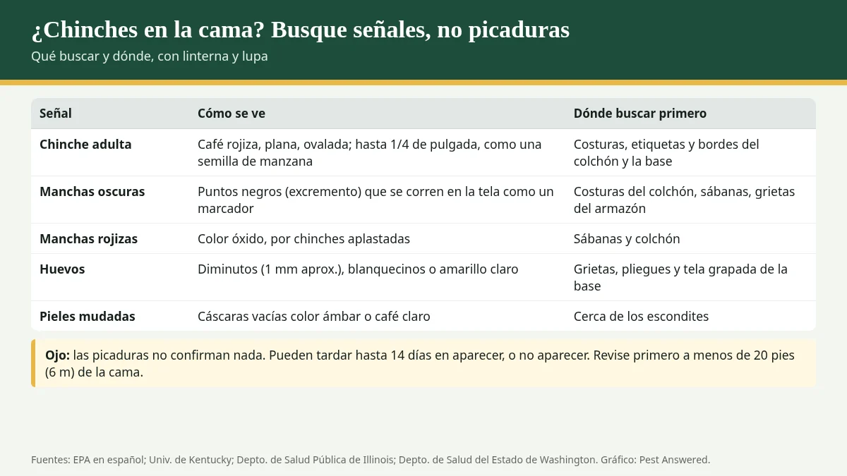 Tabla de señales de chinches en la cama: chinche adulta, manchas oscuras, manchas rojizas, huevos y pieles mudadas, con cómo se ven y dónde buscar