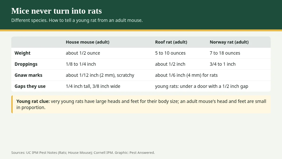 Summary graphic: Do Mice Turn Into Rats? No. How to Tell a Young Rat From an Adult Mouse