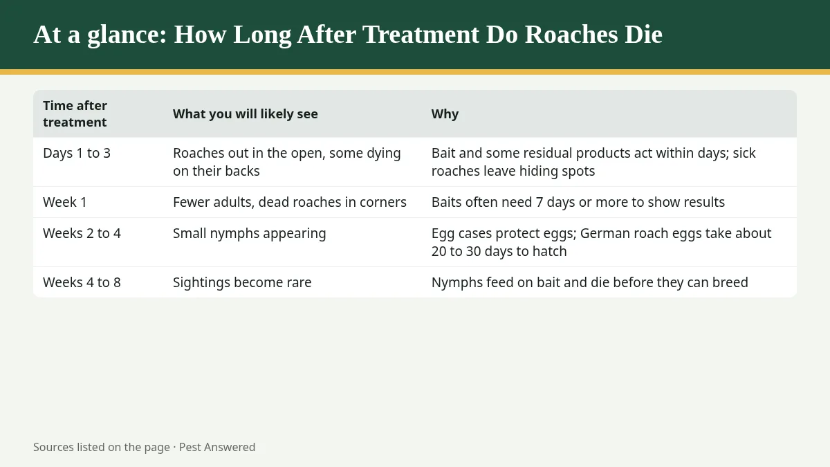 Summary graphic: How Long After Treatment Do Roaches Die? A Realistic Timeline