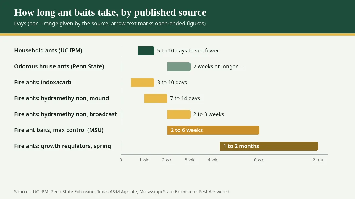 Bar chart of published ant bait timelines: household ants fewer in 5 to 10 days, odorous house ants 2 weeks or longer, fire ant indoxacarb 3 to 10 days, hydramethylnon 7 to 14 days on mounds and 2 to 3 weeks broadcast, fire ant baits 2 to 6 weeks for maximum control, growth regulator baits 1 to 2 months in spring