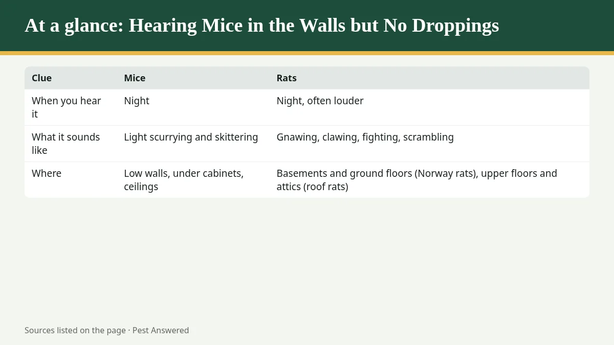 Summary graphic: Hearing Mice in the Walls but No Droppings? What It Could Be and How to Check