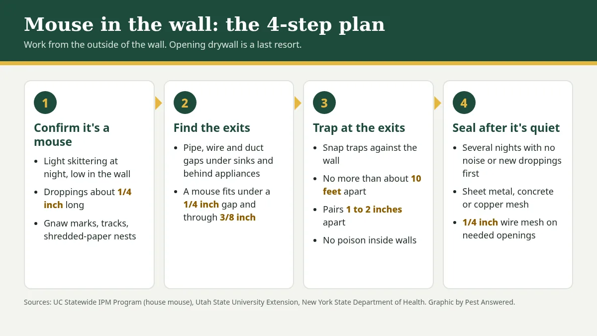 Four-step plan for a mouse in the wall: confirm it is a mouse, find the exits, trap at the exits with snap traps no more than about 10 feet apart, then seal gaps with sheet metal, concrete or copper mesh once it is quiet