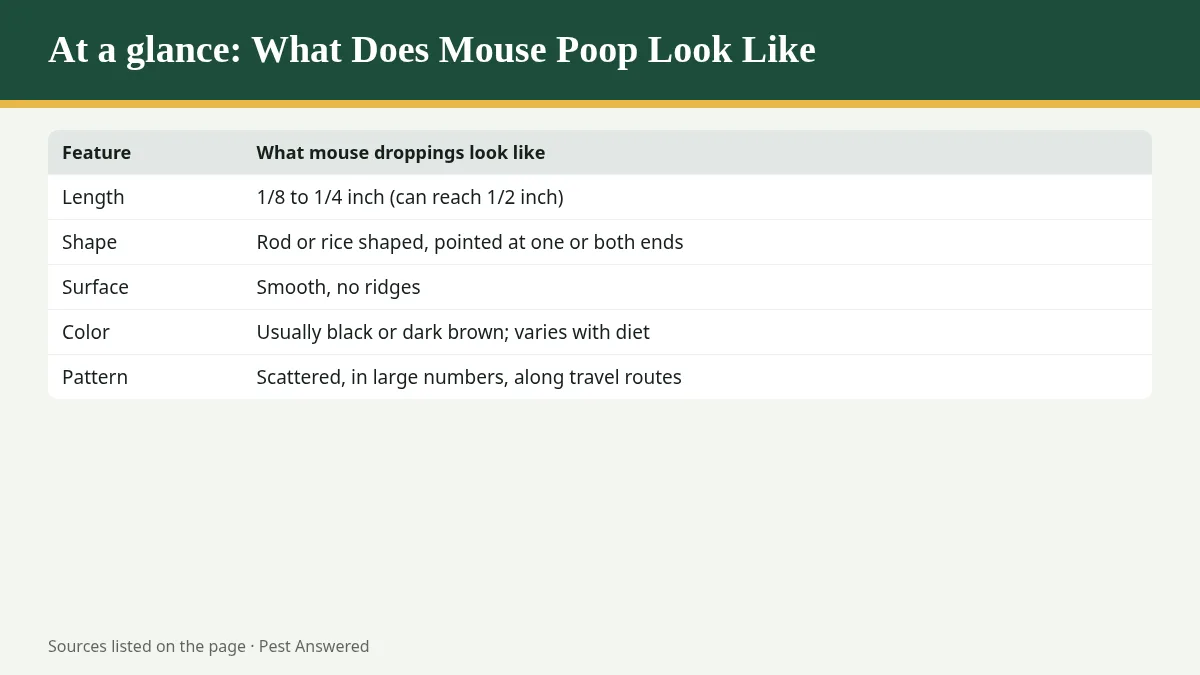 Summary graphic: What Does Mouse Poop Look Like? Size, Shape, and Look-Alikes