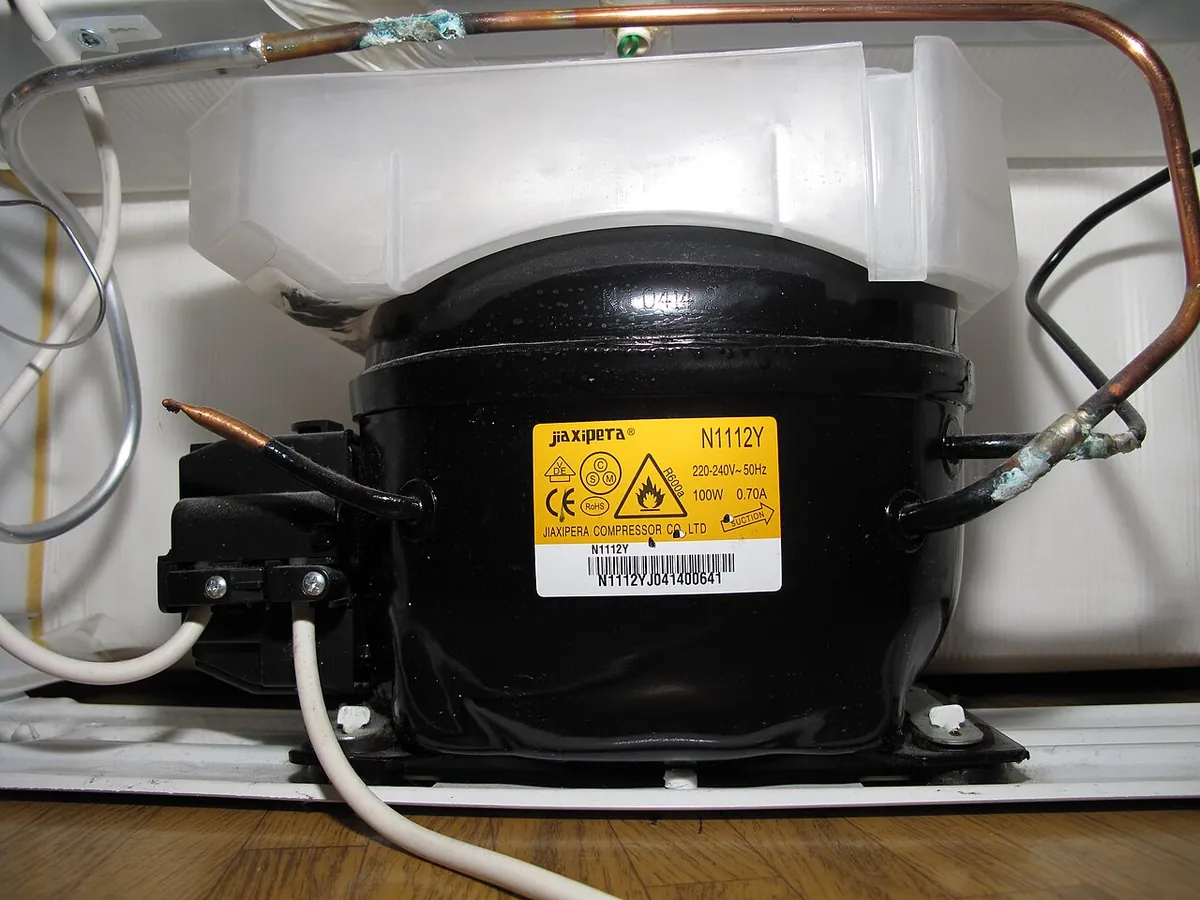Parte trasera baja de un refrigerador con el compresor negro y la bandeja de evaporación blanca encima
